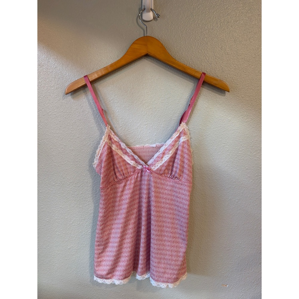 Camisole Top Women Small Pink White Geometric Lace Trim Bow Y2K Style